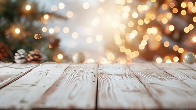 Empty white wood table top with abstract warm living room decor with christmas tree string light blur background with snow