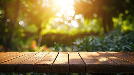 Empty wood table and defocused bokeh and blur background of garden trees with sunlight