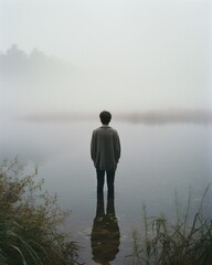 Fototapeta premium Back view of man standing on edge of lake