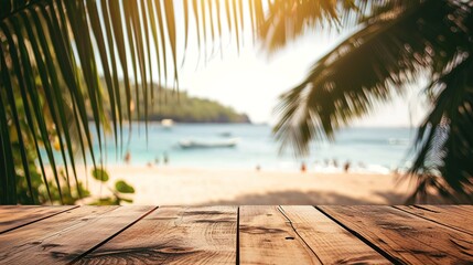 Empty wooden table and palm leaves with party on beach blurred background in summer time. - Powered by Adobe
