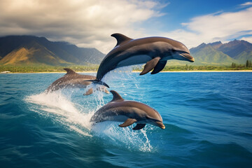 Cute dolphins jumping over breaking waves