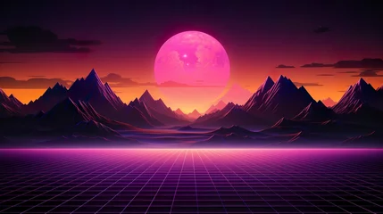 Poster Vaporwave, synthwave retro style neon landscape background with palms, sunset © pickypix