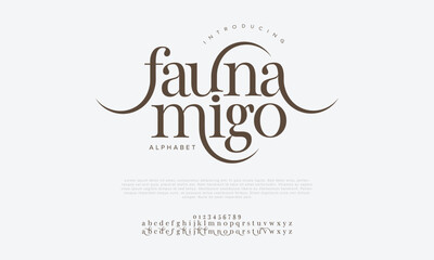 Faunamigo premium luxury elegant alphabet letters and numbers. Elegant wedding typography classic serif font decorative vintage retro. Creative vector illustration - obrazy, fototapety, plakaty