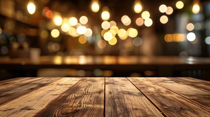Empty wooden table top with abstract warm living room decor with christmas tree string light blur...