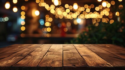 Empty wooden table top with abstract warm living room decor with christmas tree string light blur...