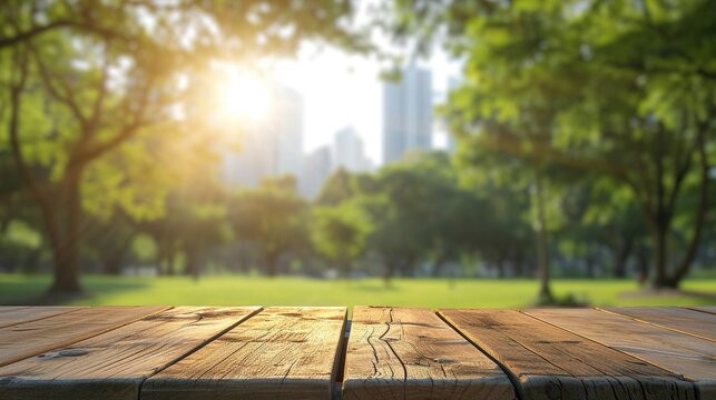 Empty wooden table with blurred city park on background, flare light background