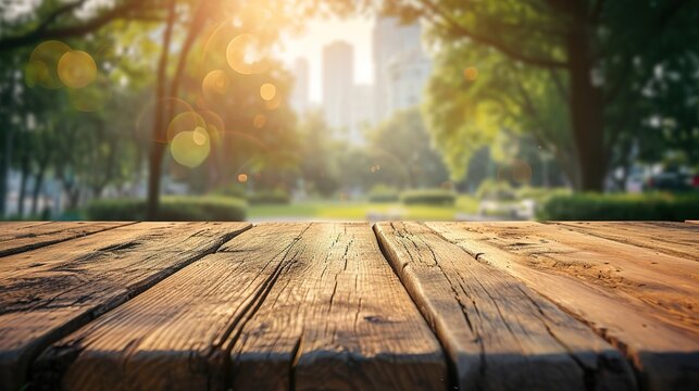 Empty Wooden Table With Blurred City Park On Background, Flare Light Background