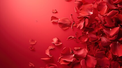 Flying petals and red roses on a red background with copy space. Creative floral levitation in the air nature layout. Spring blossom concept for wedding