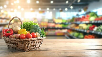 Food and groceries in shopping basket on wood table with blurred supermarket in background,...