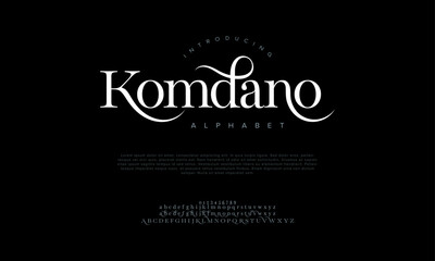 Komadno premium luxury elegant alphabet letters and numbers. Elegant wedding typography classic serif font decorative vintage retro. Creative vector illustration