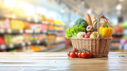 Food and groceries in shopping basket on wood table with blurred supermarket in background,...