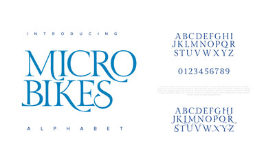 Microbikes premium luxury elegant alphabet letters and numbers. Elegant wedding typography classic serif font decorative vintage retro. Creative vector illustration