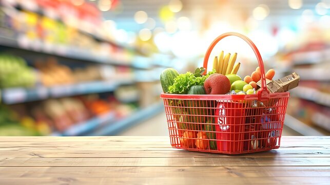 Food and groceries in shopping basket on wood table with blurred supermarket in background, panoramic banner with copy space