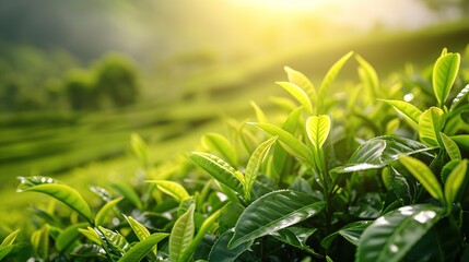 Fresh tea bud and leaves.Tea plantations. Close-up with space for text - obrazy, fototapety, plakaty