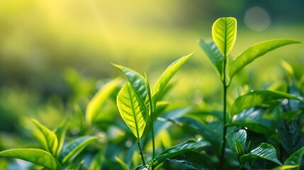 Obraz premium Fresh tea bud and leaves.Tea plantations. Close-up with space for text