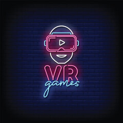 Neon Sign vr games with brick wall background vector