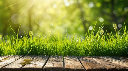 green spring background panorama with grass in front of a wooden table for a concept - obrazy, fototapety, plakaty