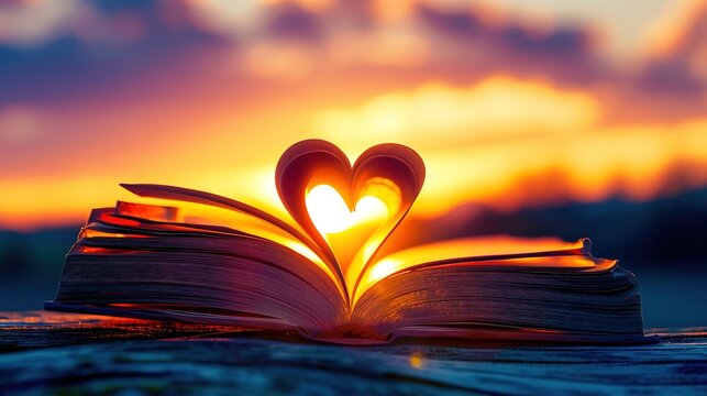 Heart from a book page against a beautiful sunset.
