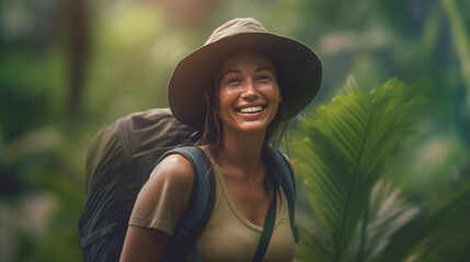 Woman hiking in tropical humid landscape - obrazy, fototapety, plakaty