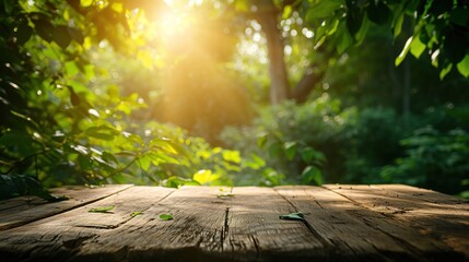 Natural elegance. Empty vintage wooden table in heart of nature. Serenity in wood. Sunlit tabletop embraced by lush greenery
