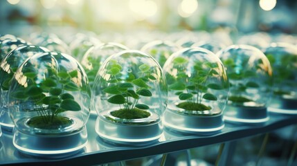 An illustration depicts a futuristic greenhouse filled with rows of genetically engineered seeds and embryos, highlighting the crucial role of research in developing tingedge farming innovations.