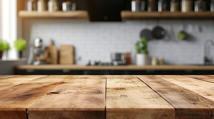 Natural pattern wood table top (or kitchen island) on blur kitchen interior background - can be used for display or montage your products