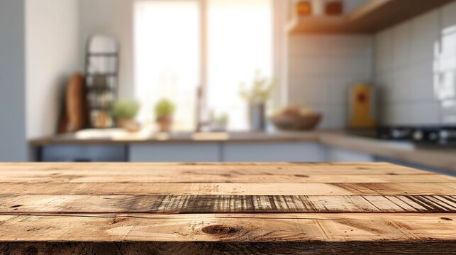 Natural pattern wood table top (or kitchen island) on blur kitchen interior background 
