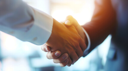 A professional handshake between two businessmen. Close-up perspective
