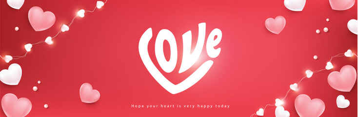 Calligraphy in heart shape "love" ,Valentine's day, Mother's or Women's Day greeting card, banner or poster template. Holidays red background with festive red heart shaped decorations.
