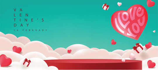 Valentines day sale promotion banner background with product display cylindrical shape and Heart Shape Balloon on sky 