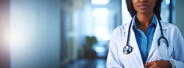 African-American female healthcare professional in a white lab coat over a blue shirt. A stethoscope around the neck. Soft-focus blue-toned hospital setting. Wide background photo - obrazy, fototapety, plakaty