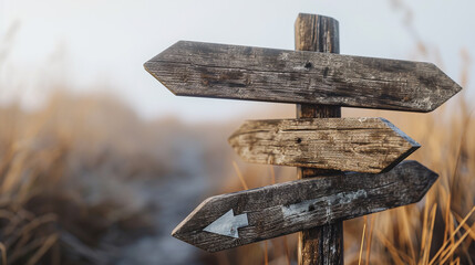 Focused on three old wooden blank arrow signs in soft mist