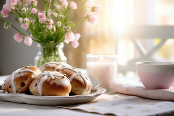 Close-up of glazed buns on a breakfast table. Backlight, sunrise.