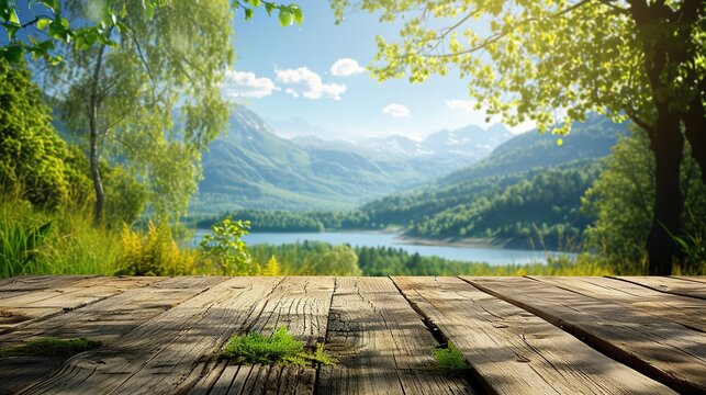 old wooden table and natural landscape background