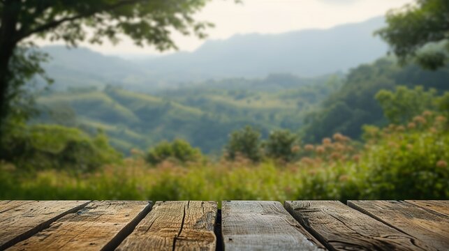 old wooden table and natural landscape background