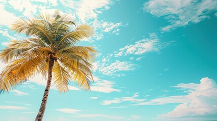 Fototapeta na wymiar Palm tree on tropical beach with blue sky and white clouds abstract background. Copy space of summer vacation and business travel concept. Vintage tone filter effect color style