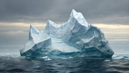 The sharp edges and angular formation of this polygonal iceberg in the ocean evoke a sense of advanced technology and artificial intelligence.