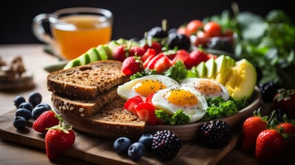 Hearty breakfast spread with eggs, toast, and fresh fruit, ready to energize the day