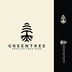 Cedar pines tree wood forest logo design vector line - obrazy, fototapety, plakaty