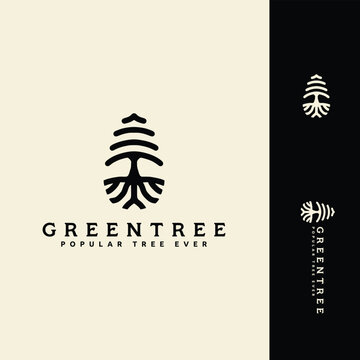 Cedar pines tree wood forest logo design vector line