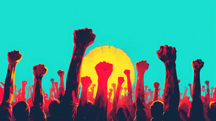 Silhouetted fists raised in unity against a vibrant sunrise, symbolizing solidarity and the fight for freedom of speech.