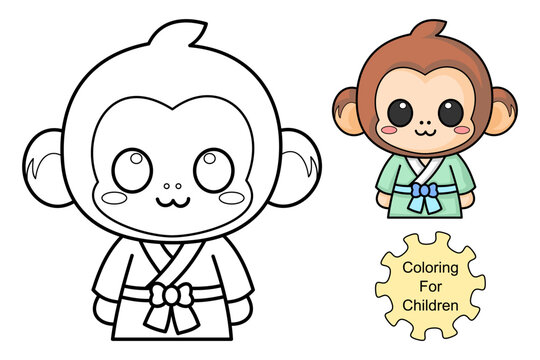 learn to color a monkey wearing a kimono, coloring book, coloring pages for children.