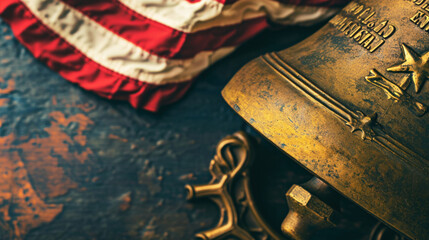 The bell, engraved with history, rests on the flag, standing as a testament to America's long-standing freedoms and the birth of a nation.