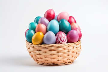 Fototapeta na wymiar A neat wicker basket with Easter eggs on a white background.