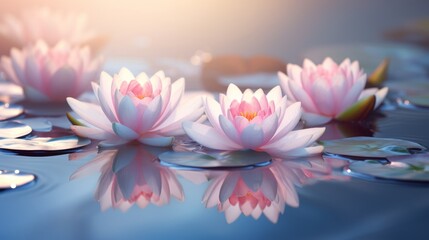 Delicate lotus flowers float on a still pond, embodying peace and serenity