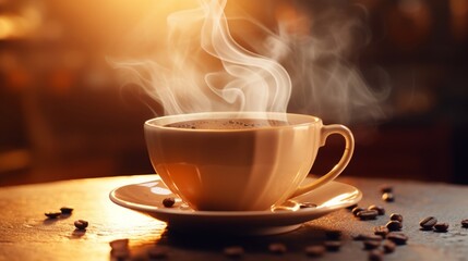 Wisps of steam rise from a fresh cup of coffee, signaling the start of a new day - obrazy, fototapety, plakaty