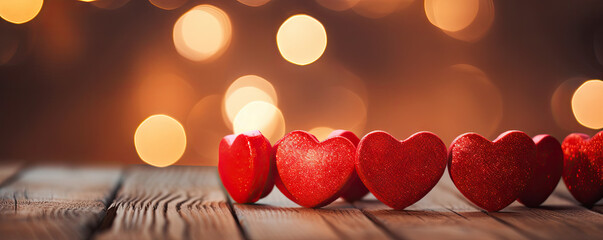 Close up of red hearts on wooden table against defocused lights. St. Valentines Day background - obrazy, fototapety, plakaty