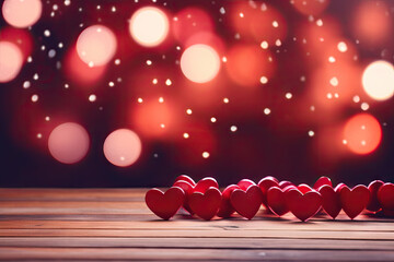 Fototapeta na wymiar Close up of red hearts on wooden table against defocused lights. St. Valentines Day background