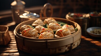 Naklejka na ściany i meble Bamboo basket holds a variety of steamed delicacies, showcasing traditional cooking