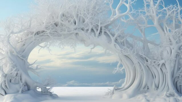 Winter tree with roots snow and ice arch wiz cutout 3d render. 3d render and snow png like style